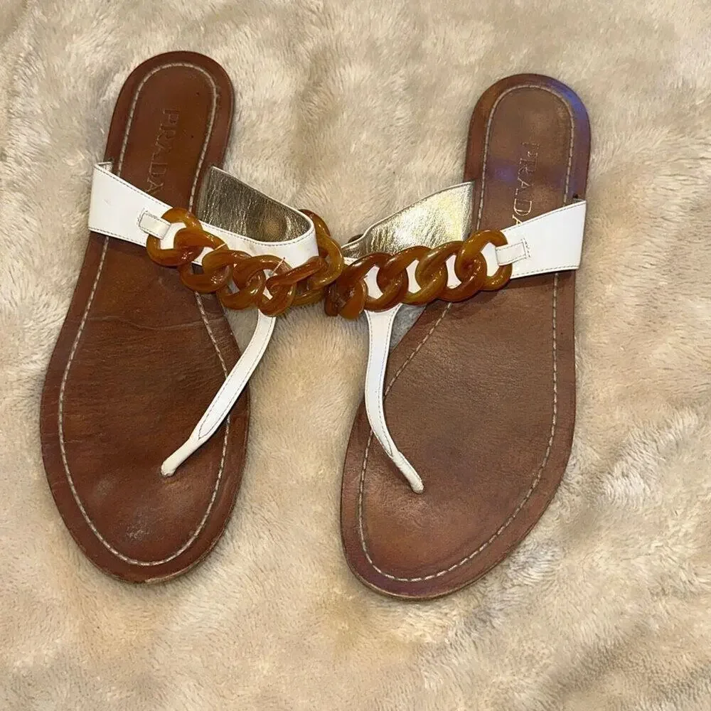 Prada white with tortoise shell chain sandals | Sz 39.5 - Picture 2 of 7